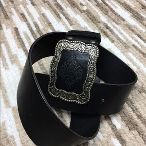 Fossil Belt Black Leather Embossed Buckel